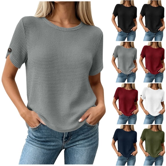 VBVC Women's Waffle Summer Short Sleeve Top , Ladies' Crew Neck Casual Blouse , Back Button Down T-Shirt For Women,Army Green,S-2XL