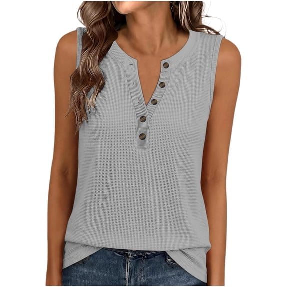 VBVC Women's Waffle V Neck Henley Tank Tops , Ladies' Summer Button Detail Basic Blouse , Soft Casual Sleeveless Shirts For Women,Gray,S-2XL