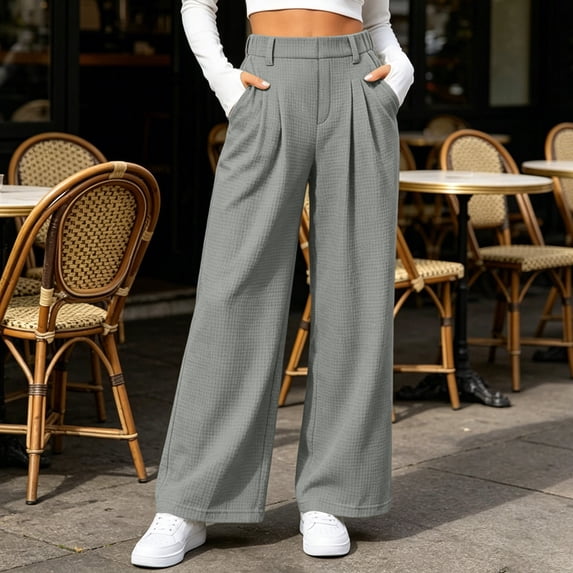 VBVC Women's Waffle Wide Leg Pants , Pleated High Waisted Trousers For Women , Ladies' Pull On Work Pants with Pockets, Gray , S-3XL