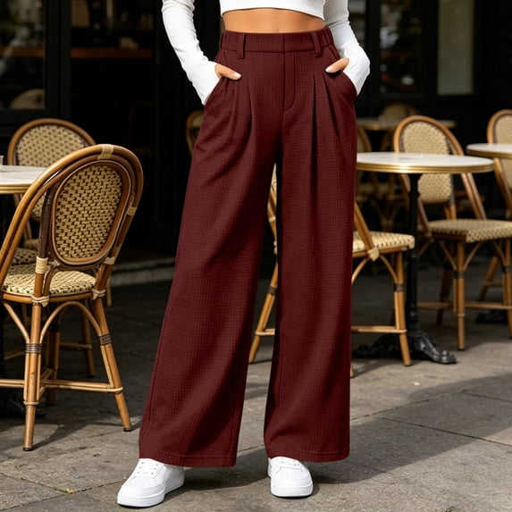 VBVC Women's Waffle Wide Leg Pants , Pleated High Waisted Trousers For Women , Ladies' Pull On Work Pants with Pockets, Wine , S-3XL