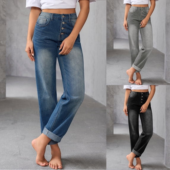 VBVC Women's Washed Button-Down Jeans,Straight Leg Denim Pants For Women,Ladies Butt Lift Trousers with Pockets,Black,S-2XL