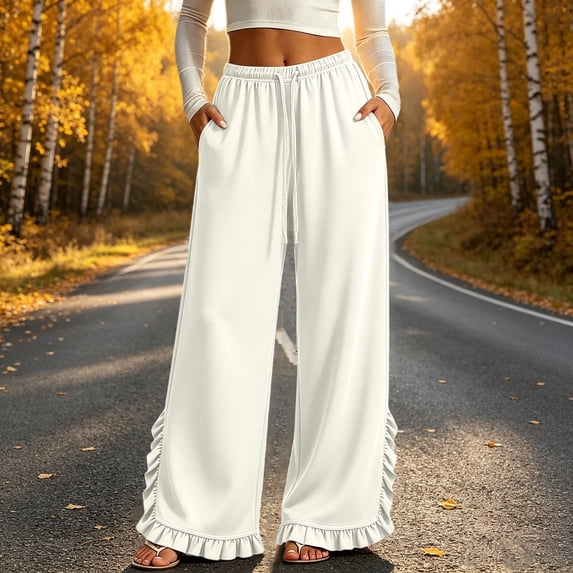 VBVC Women's Wide Leg Ruffle Hem Sweatpants , Drawstring Stretchy Trousers For Women , Ladies' Casual Lounge Pants with Pockets, S-2XL