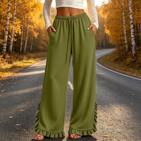 VBVC Women's Wide Leg Ruffle Hem Sweatpants , Drawstring Stretchy Trousers For Women , Ladies' Casual Lounge Pants with Pockets, S-2XL