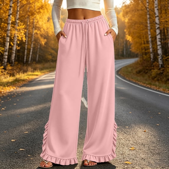 VBVC Women's Wide Leg Ruffle Hem Sweatpants , Drawstring Stretchy Trousers For Women , Ladies' Casual Lounge Pants with Pockets, S-2XL