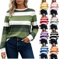 thumbnail image 1 of VBVC Women's Wide Striped Long Sleeve Tops , Ladies' Crew Neck Contrast Cuff Casual Blouses , Casual Basic Pullover T Shirts For Women,Gray,S-2XL, 1 of 8