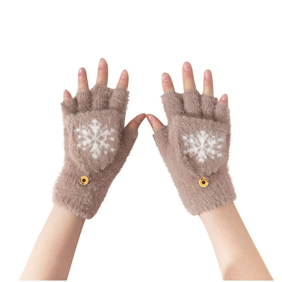 VBVC Women's Winter Print Flip Cover For Use Warm Touchscreen Knit Gloves,Khaki,Size M