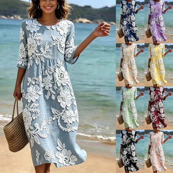 VBVC Women's and Women's Plus 3/4 Sleeve Midi Dress, Summer Casual Crew Neck Dress For Women, Ladies' Loose Fit Floral Dress with Pockets,Yellow,S-5XL