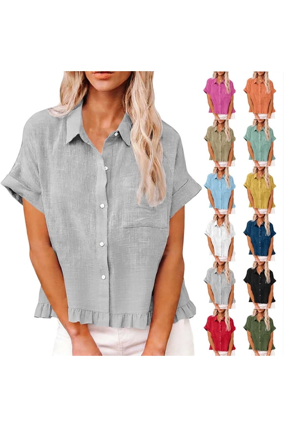 Women's and Women's Plus Button Down Shirt,Rolled Short Sleeve Cropped Blouse for Women,Ladies Summer Ruffle Hem Tops with Pockets,Light Blue,S-2XL