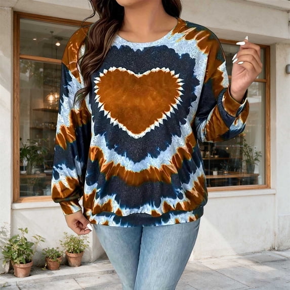 VBVC Women's and Women's Plus Tie Dye Heart Graphic Top , Ladies' Long Sleeve Crew Neck Pullover , Fall Winter Cute Sweatshirt For Women, M-6XL