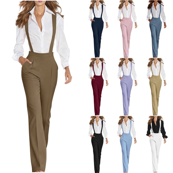 VBVC Women's Work Dress Overall,Ladies Straight Leg Office Trouser,Business Suspender Pant For Women,Navy,S-2XL