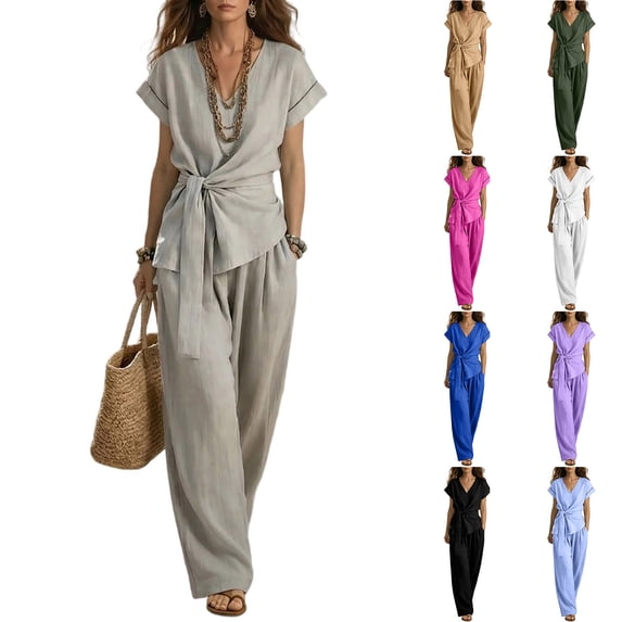 VBVC Women's Wrap Tie 2 Piece Work Set,Short Sleeve Top and Wide Leg Pants For Women, Ladies' Breathable Summer Loungewear With Pockets,Gray,S-3XL