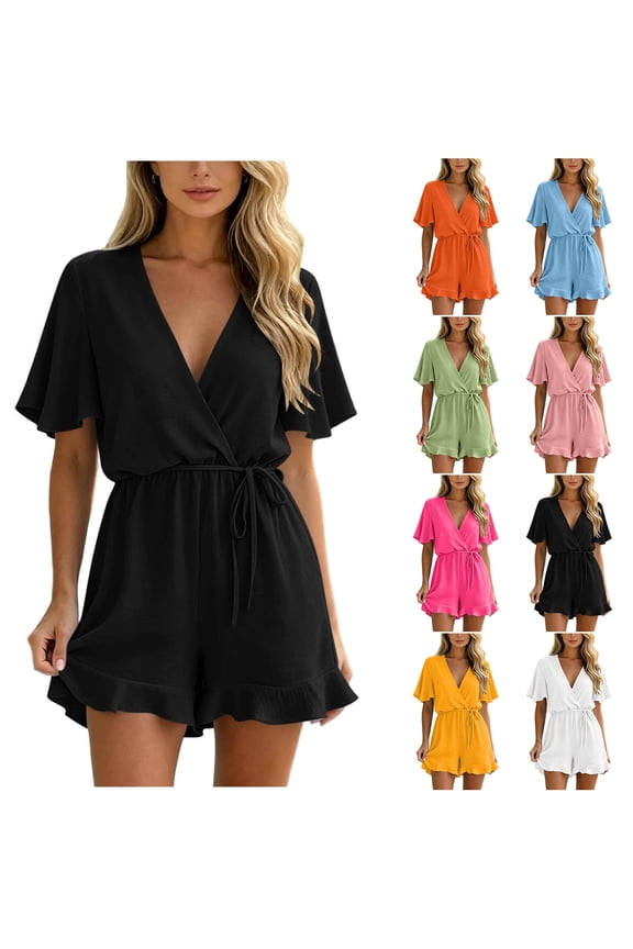Women's Wrap V-Neck Drawstring Romper , Ladies' Ruffle Short Sleeve Jumpsuit , Casual Summer Playsuit For Women,Black,S-3XL