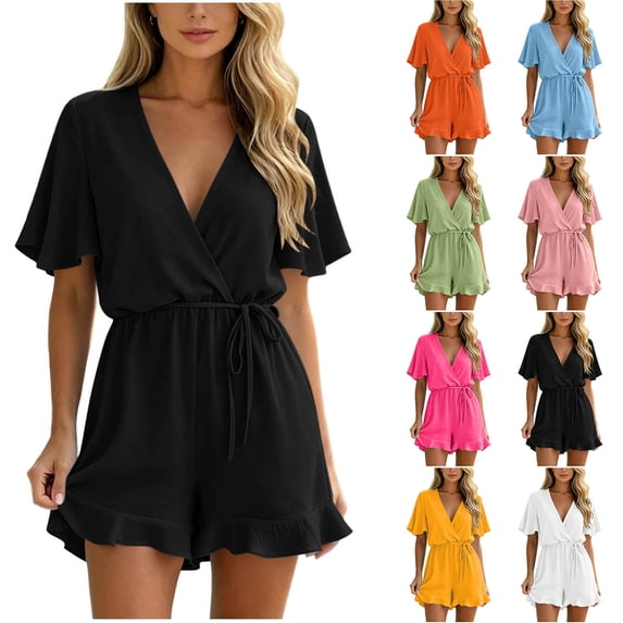 VBVC Women's Wrap V-Neck Drawstring Romper , Ladies' Ruffle Short Sleeve Jumpsuit , Casual Summer Playsuit For Women,Hot Pink,S-3XL