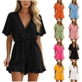 thumbnail image 1 of VBVC Women's Wrap V-Neck Drawstring Romper , Ladies' Ruffle Short Sleeve Jumpsuit , Casual Summer Playsuit For Women,White,S-3XL, 1 of 8
