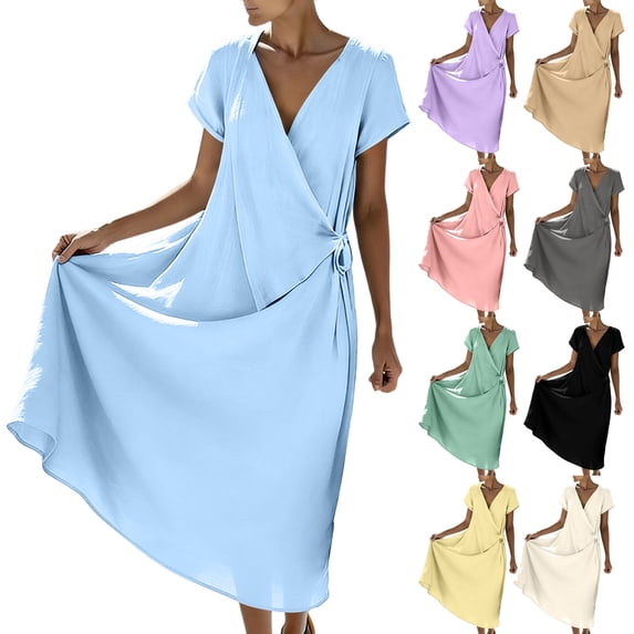 VBVC Women's Wrap V-Neck Midi Dress,Short Sleeve Tie Waist Flowy Summer Dress For Women,Ladies Casual Beach Vacation Sundress with Pockets,Black,S-2XL