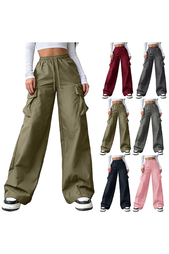 Women's Y2K Drawstring Cargo Pants,Wide Leg Baggy Parachute Pants For Women,Ladies High Waisted Streetwear Trousers with Pockets,Dark Gray,S-5XL
