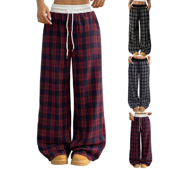 VBVC Women's Y2K Drawstring Plaid Sweatpants,Color Block Pants For Women,Ladies Lightweight Trousers with Pockets,Navy,S-XL