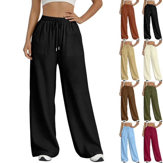 VBVC Women's Y2K Drawstring Wide Leg Pants,Cotton-Linen Lightweight Trousers For Women,Ladies Summer Work Sweatpants with Pockets,Black,S-2XL