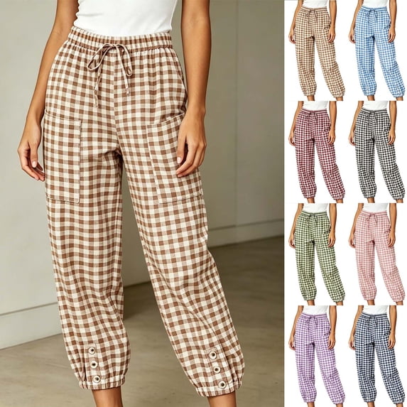 VBVC Women's Y2K Gingham Drawstring Jogger Pants , Casual Plaid Lounge Pants For Women , Ladies' Button Hem Trousers with Pockets, Navy , S-2XL