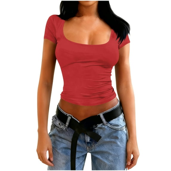VBVC Women's Y2K Slim Square Neck Basic Top,Ladies Short Sleeve Going Out Top,Summer Tee For Women,Red,Size M