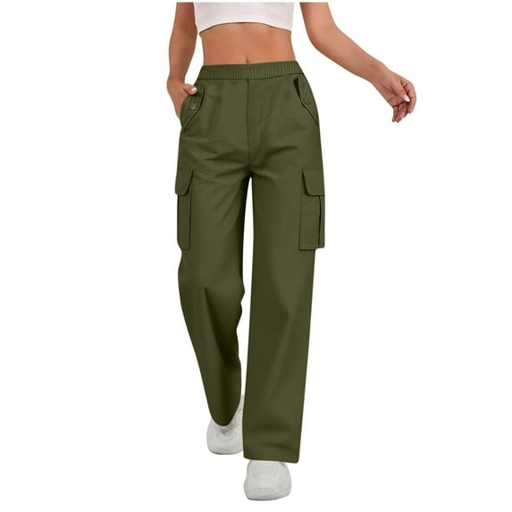 VBVC Women's Y2k Pull On Cargo Pants,High Waisted Jogger Trousers,Ladies Wide Leg Streetwear with Pockets,Army Green,Size L