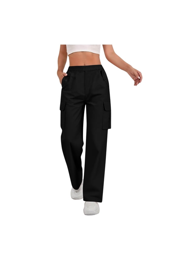 Women's Y2k Pull On Cargo Pants,High Waisted Jogger Trousers,Ladies Wide Leg Streetwear with Pockets,Black,Size M