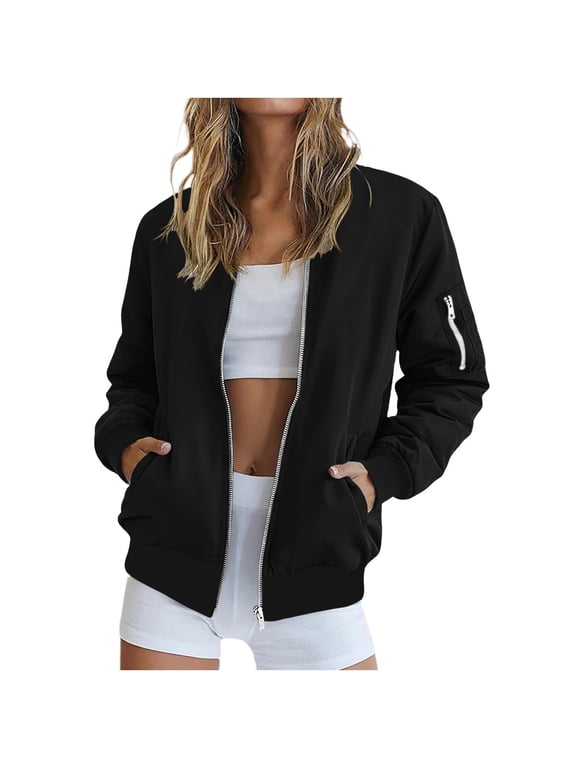 Women's Zip Up Bomber Jacket , Casual Lightweight Flight Jacket For Women, Ladies' Fall Winter Outerwear with Pockets, Black , S-2XL