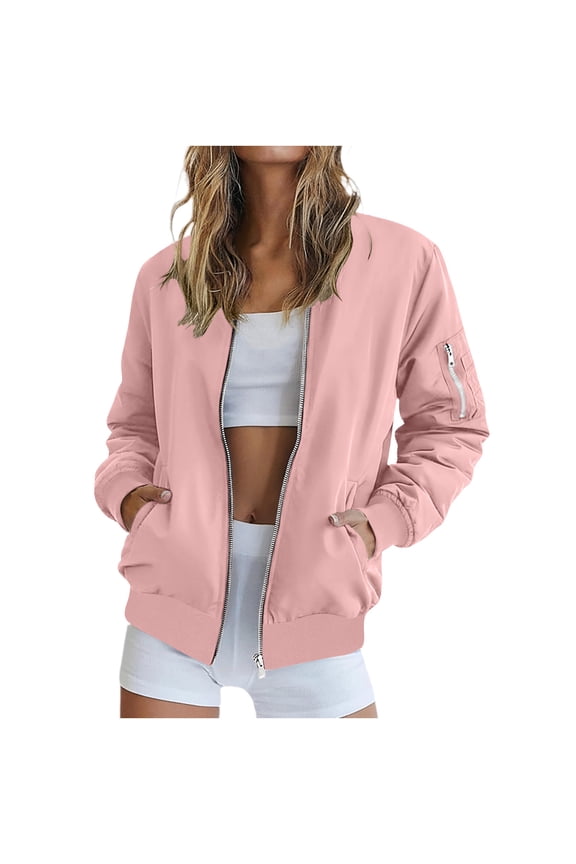 Women's Zip Up Bomber Jacket , Casual Lightweight Flight Jacket For Women, Ladies' Fall Winter Outerwear with Pockets, Pink , S-2XL