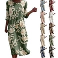 thumbnail image 1 of VBVC Women's and Women's Plus 3/4 Sleeve Midi Dress, Summer Casual Crew Neck Dress For Women, Ladies' Loose Fit Floral Dress with Pockets,Khaki,S-5XL, 1 of 8