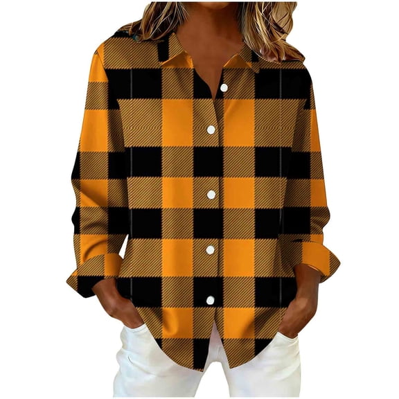VBVC Women's and Women's Plus Plaid Shirt,Ladies Button Down Blouse,Collared Business Work Tops For Women,Orange,Size S