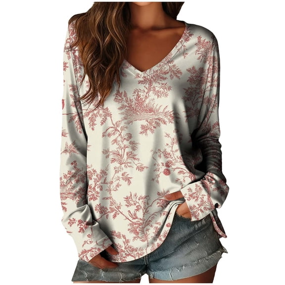 VBVC Womens Boho Persian Floral Top,Ladies Baggy Basic Shirt,V-Neck Dressy Blouse For Women,Multicolor,Size S