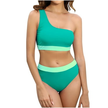 VBVC Womens Color-Block Bikini Sets One Shoulder Top with Mid Waist Two Piece Bathing Suit Swimwear