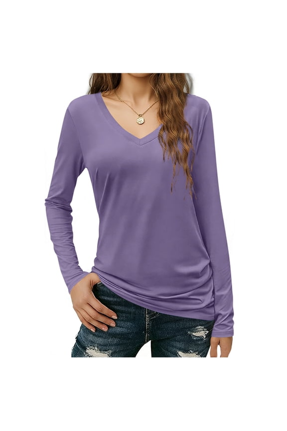 Womens Crew Neck Sweatshirt,Ladies Breathable Basic Top,Long Sleeve Stretch Shirt For Women,Purple,Size L