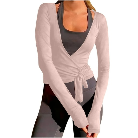 VBVC Womens Knotted Yoga Cover Up,Ladies Wrap Pilates Tops,Basic Layering Top For Women,Pink,Size L