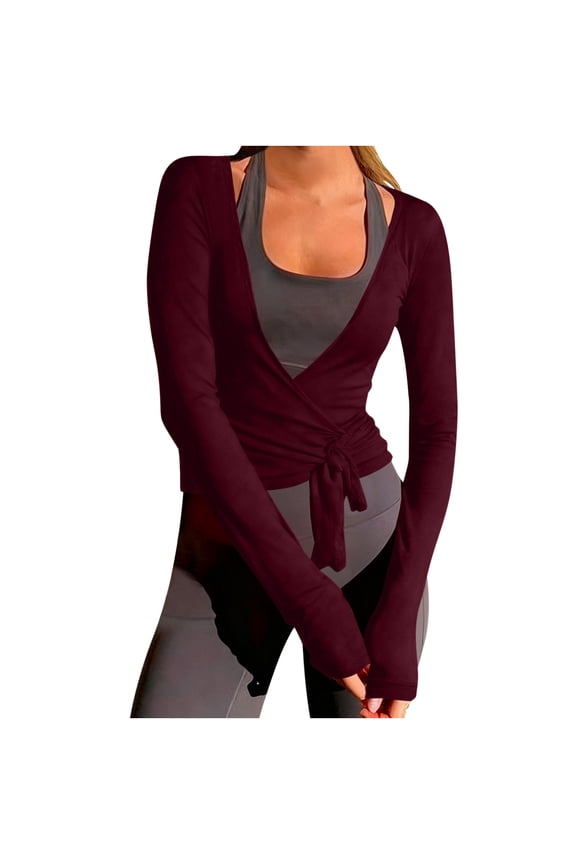 Womens Knotted Yoga Cover Up,Ladies Wrap Pilates Tops,Basic Layering Top For Women,Wine,Size M