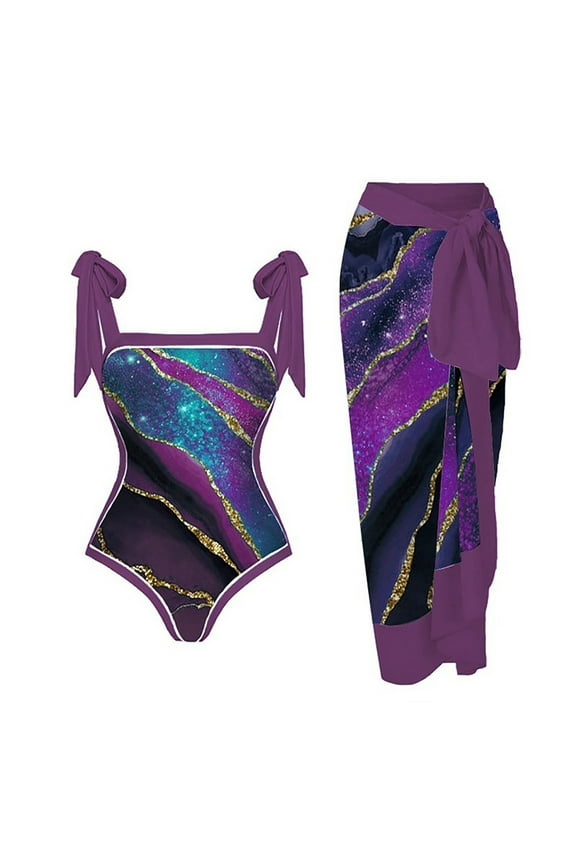 Womens One Piece Swimsuit with Beach Cover Up Wrap Skirt Retro Print Bikini Set Two Piece Bathing Suit
