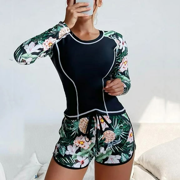 VBVC Womens Rash Guard Two Piece Long Sleeve Swim Shirt with Shorts Swimsuit Bathing Suit Plus Size