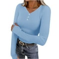 thumbnail image 1 of VBVC Womens Y2k V-Neck Ribbed Sweatshirt,Ladies Long Sleeve Button Shirt,Slim Basic Layering Tee For Women,Light Blue,Size M, 1 of 9