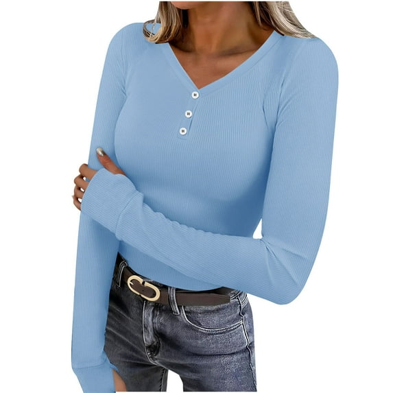 VBVC Womens Y2k V-Neck Ribbed Sweatshirt,Ladies Long Sleeve Button Shirt,Slim Basic Layering Tee For Women,Light Blue,Size M