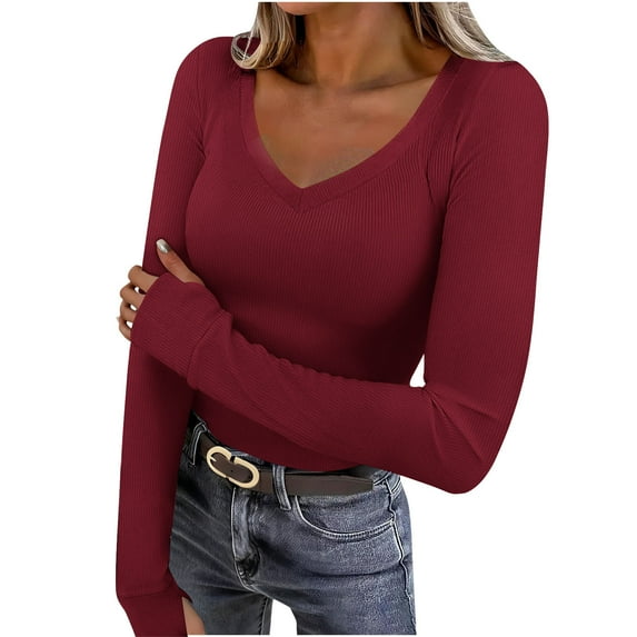 VBVC Womens Y2k V-Neck Ribbed Sweatshirt,Ladies Long Sleeve Henley Shirt,Slim Basic Layering Tee For Women,Wine,Size XL