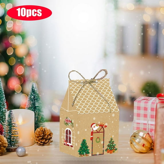 VBXOAE 10-Pack Christmas Gingerbread House Candy Boxes,Brown Kraft Paper Gift Packaging with Santa & Snowman Decor for Family Parties & Gift Giving,5x7x10.5cm