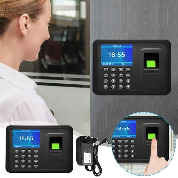 VBXOAE 2.4" LCD Biometric Fingerprint and Password Time Clock Customizable Break Lunch Tracking Effortless Overtime Management Detailed Payroll Reports Easy Setup Guide Wall