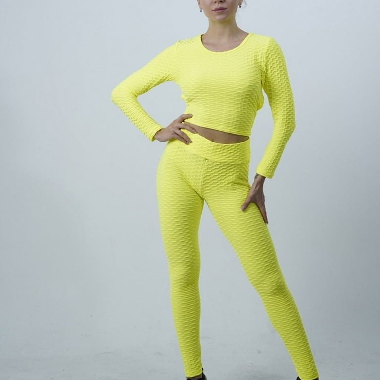 VBXOAE 2 Piece Fall Sets for Women Casual Solid Peach Tight Hip Curling Yoga  Suit Sports Fitness Yoga Suit Long Sleeve Round-Neck Sets Yellow XXL 