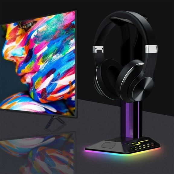 VBXOAE 2-in-1 RGB Headphone Stand with Anti-Slip Base and 2 USB Ports, Gaming Headset Holder and Cable Hook, 7 Color Light Effects for PC Gaming Desk Accessory