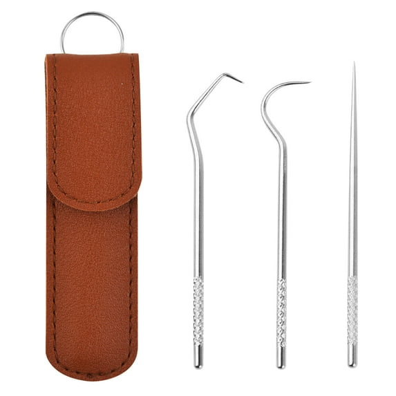 VBXOAE 3 Piece Stainless Steel Toothpicks Kit Reusable Teeth Cleaning Tools Portable with Keychain 360° Elbow Design for Multi Angle Cleaning Non Slip Handle Travel Friendly 1.1x3.94in Brown
