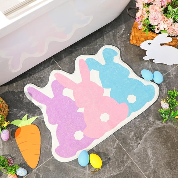 VBXOAE Easter Bunny Non-Slip Floor Mat,Cute Microfiber Bath Rug for Bathroom,Living Room,and Kitchen,Absorbent and Washable,Festive Spring Decor,19.7x27.6 inches,Purple and Blue Design