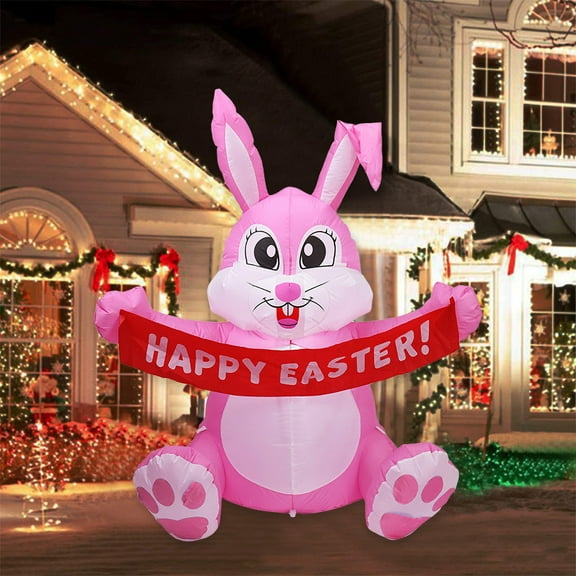 VBXOAE Easter Inflatable Standing Bunny with LED Lights,Glowing Outdoor Decoration for Gardens or Parties,4.92 Feet Tall,Includes Blower and Accessories