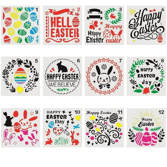 VBXOAE Easter Stencils TemPlates 12Pcs Plastic Hollow Drawing Painting for Easter Eggs,Cakes,Cards,and Crafts,Reusable and Washable Easter Bunny,Chicks,Flowers Design,White