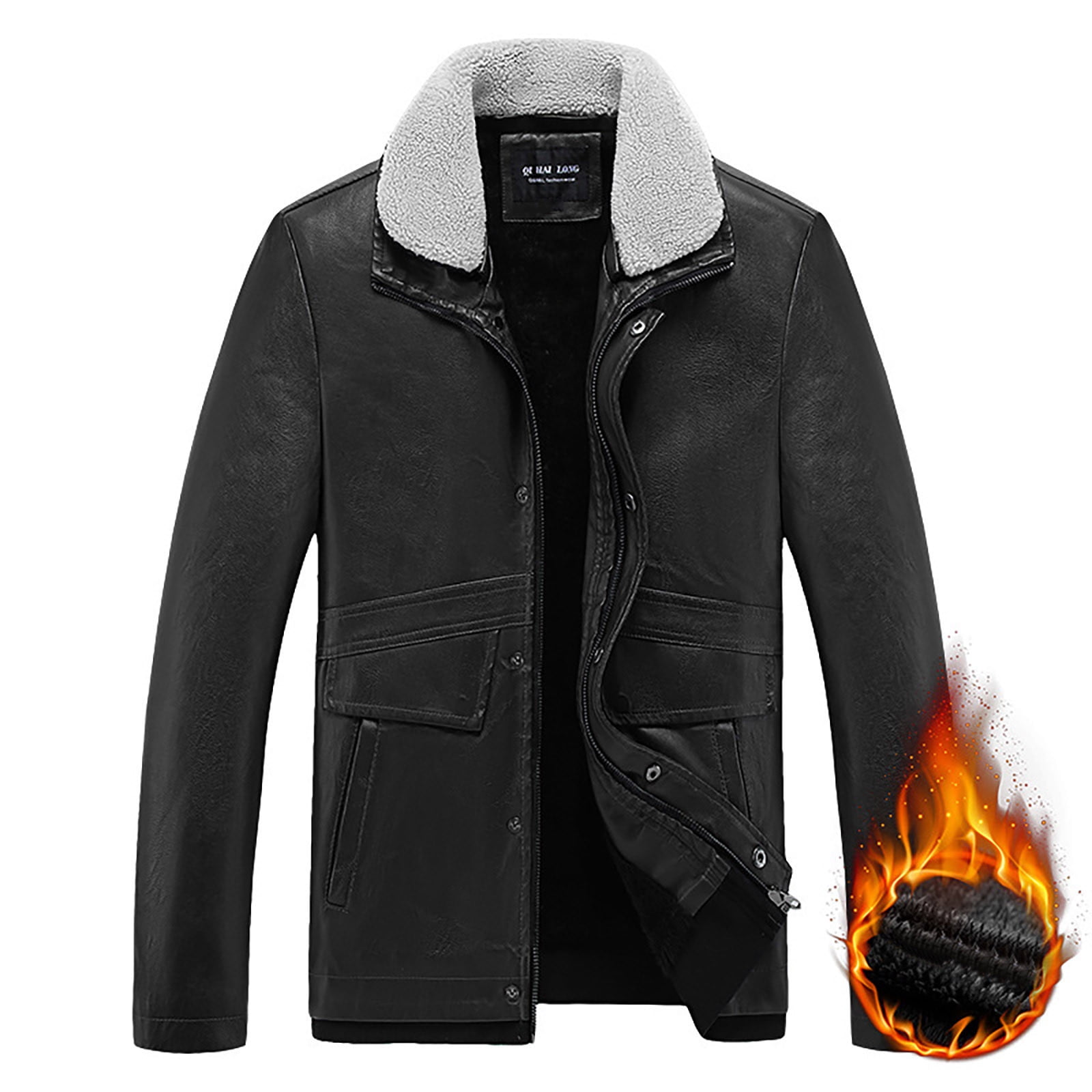 VBXOAE Leather Jacket for Mens Puffer Thickened Leather Jacket Long Sleeve  Stand Collar Zipper Winter Jacket with Pocket Warm Windproof Coat 