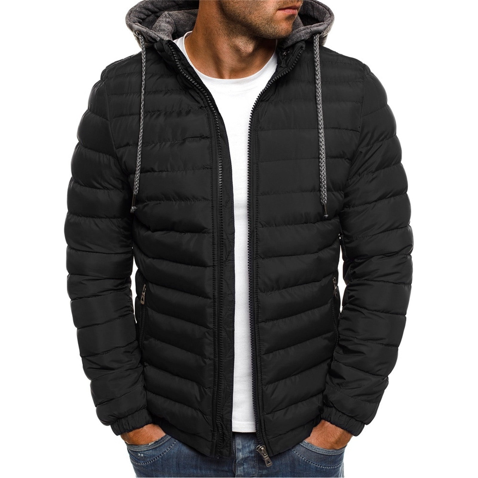 VBXOAE Winter Jacket for Men Solid Casual Thicken Hooded Zipper Winter Keep  Warm with Hood Jacket Coats 